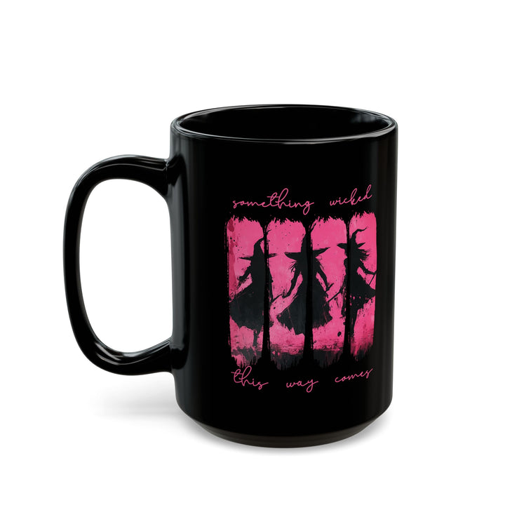 Chic Black “Something Wicked” Witch Coffee Mug – Stirred with Chaos, Served in Pink