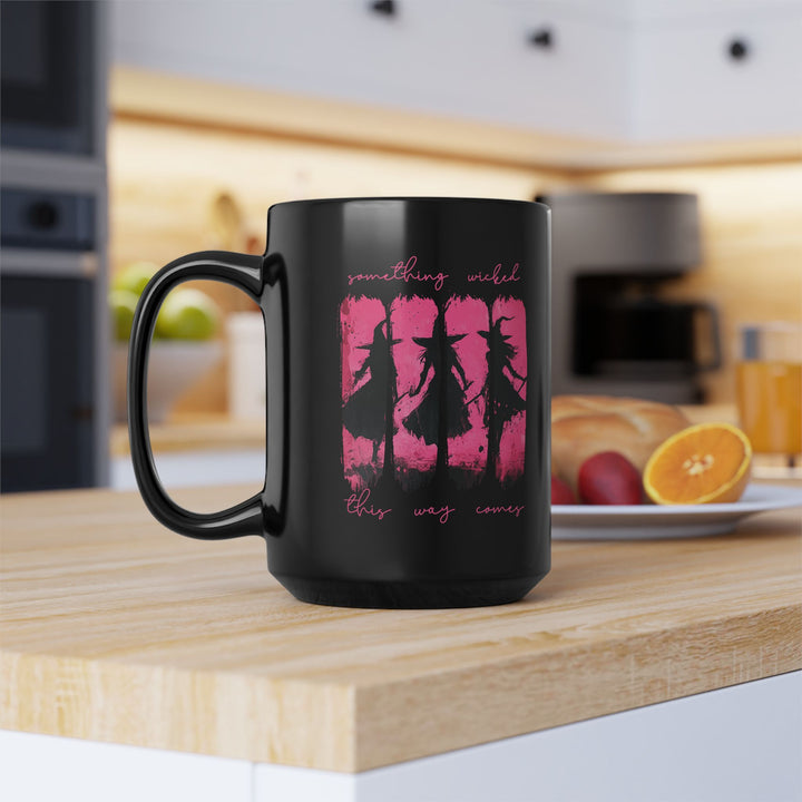 Chic Black “Something Wicked” Witch Coffee Mug – Stirred with Chaos, Served in Pink