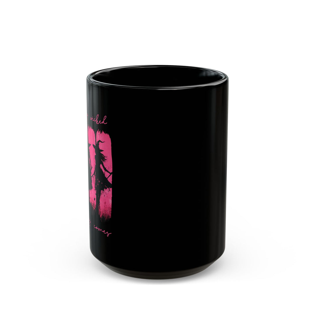 Chic Black “Something Wicked” Witch Coffee Mug – Stirred with Chaos, Served in Pink
