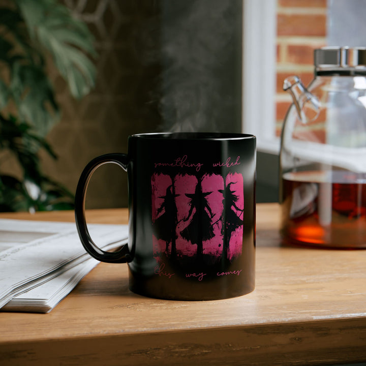 Chic Black “Something Wicked” Witch Coffee Mug – Stirred with Chaos, Served in Pink