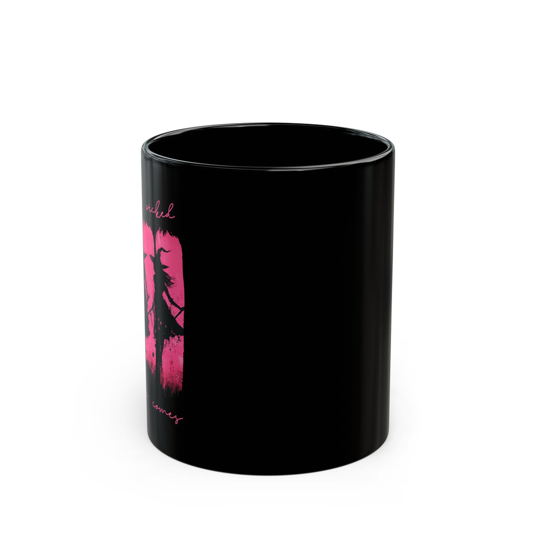 Chic Black “Something Wicked” Witch Coffee Mug – Stirred with Chaos, Served in Pink